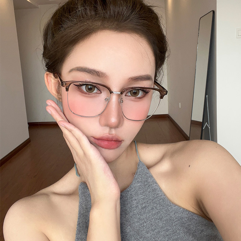 冷茶色半框眼镜近视女线上可配度数镜片素颜神器大框眼睛平光架男,ZIPPO/瑞士军刀/眼镜,定制成品光学镜,淘宝优惠券,粉丝福利购,淘宝优惠卷