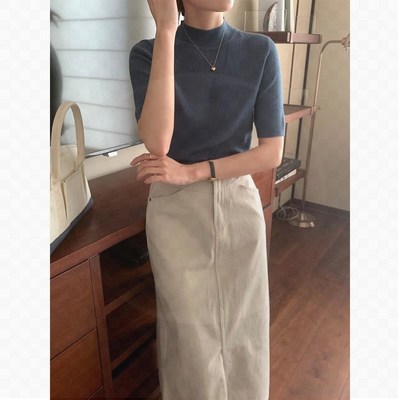 黑色半高领短袖针织衫女夏季正肩冰丝T恤修身显瘦打底中袖上衣薄