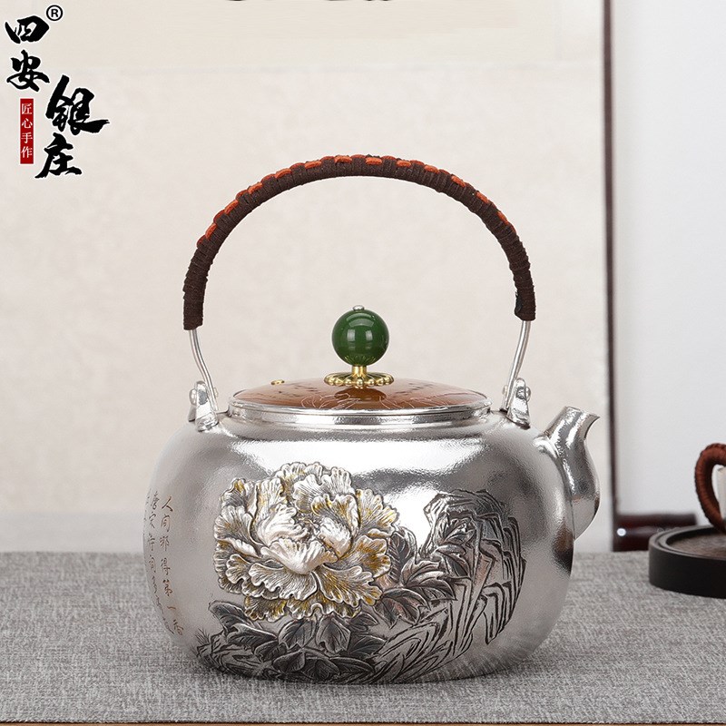 现货典工堂银壶纯银洛阳牡丹烧水壶手工浮雕工艺足银家用功夫茶具