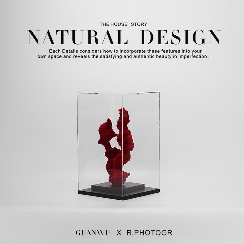 现代新中式红色植绒太湖石亚克力罩摆件展厅酒店大堂玄关隔断饰品,家居饰品,装饰摆件,淘宝优惠券,粉丝福利购,淘宝优惠卷