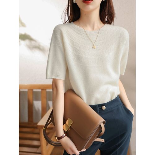 羊毛针织衫女春秋2024新款气质镂空提花纯色温柔风圆领五分袖毛衣