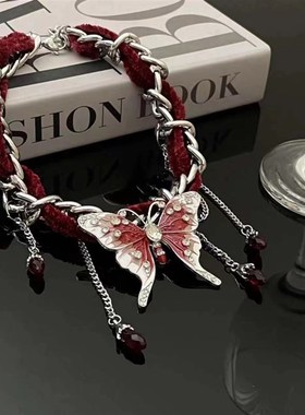 红丝绒蝴蝶流苏项链n女秋冬辣妹甜酷颈链小众甜美潮流设计感锁骨