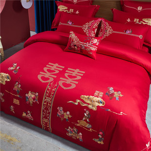 100S纯棉高档婚庆床上用品四件套大红色喜被婚被套床单婚房结婚