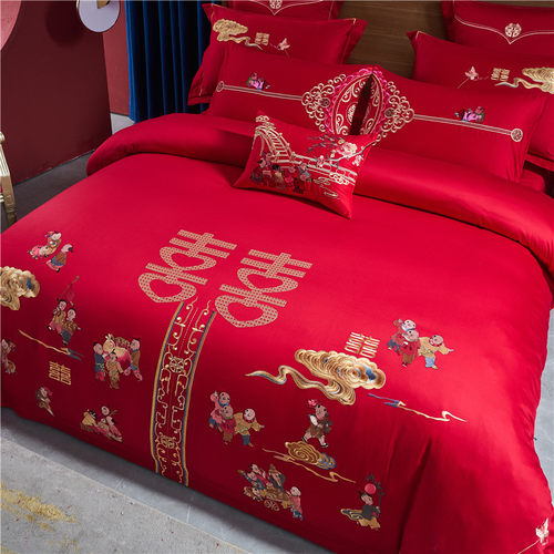 100S纯棉高档婚庆床上用品四件套大红色喜被婚被套床单婚房结婚