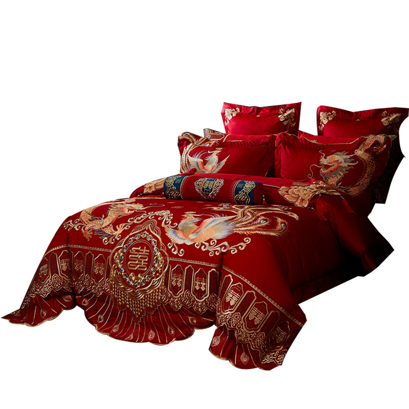 婚庆四件套全棉大红色婚床喜被刺绣床单被套龙凤结婚床上用品,床上用品,婚庆床品套件,淘宝优惠券,粉丝福利购,淘宝优惠卷