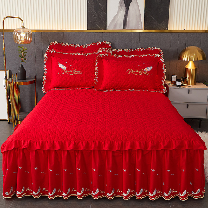 销全棉婚庆大红色刺绣床裙式单件夹棉纯棉床单床罩加厚18m床套促