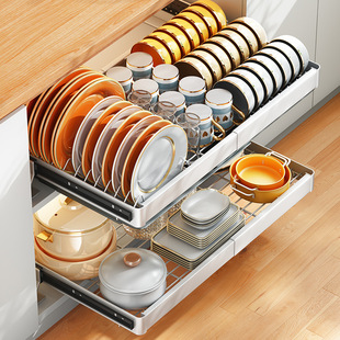 高档厨房沥水碗碟架双层放t碗盘架伸缩拉篮抽屉式 多功能整体橱柜