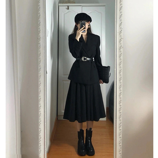 秋冬季新款西装外套女职业赫本风韩系御姐高冷两件套装裙子