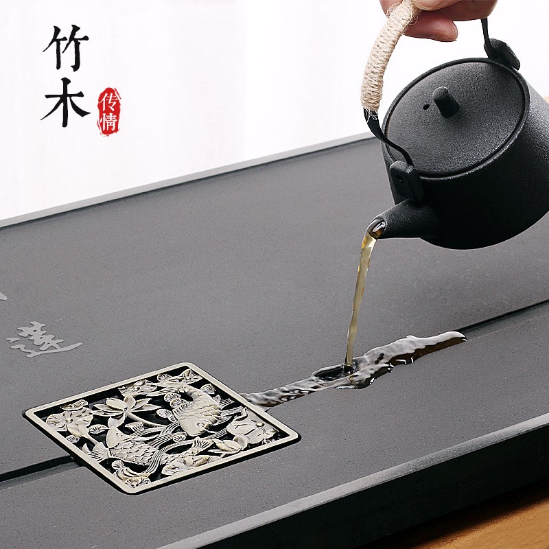 竹木传情乌金石茶盘天然整块家用简易茶海茶具黑金石头茶台可定制