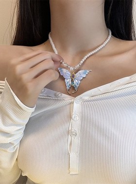 蓝色流苏蝴蝶项链女轻奢A小众锁骨链2024新款