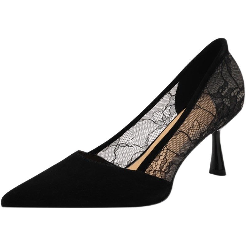优雅黑色网纱高g跟鞋女细跟2024春秋新款蕾丝小跟绒面镂空尖头单,女鞋,浅口单鞋,淘宝优惠券,粉丝福利购,淘宝优惠卷