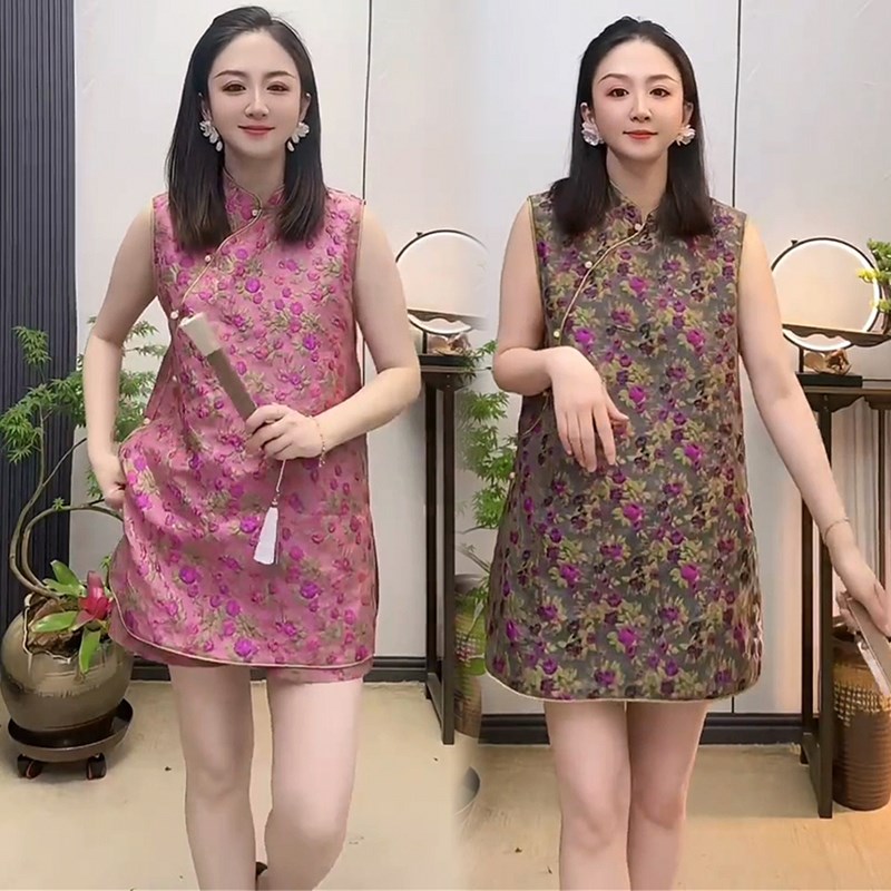 新中式碎花时尚套装女夏季复古立领无袖中长款旗袍上衣短裤两件套