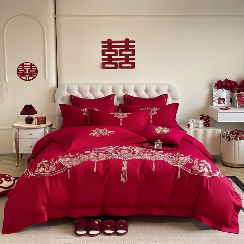 结婚四件套大红色龙凤喜庆刺绣被套全棉床单婚房陪嫁婚庆床品,床上用品,婚庆床品套件,淘宝优惠券,粉丝福利购,淘宝优惠卷