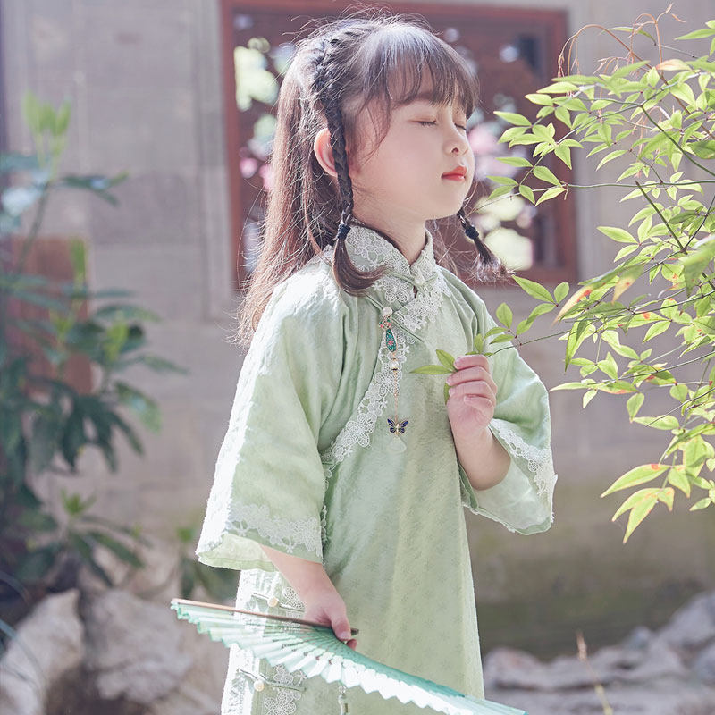 全开襟蕾丝儿童旗袍女春夏夏季民国风女童夏u长款中国风绿色