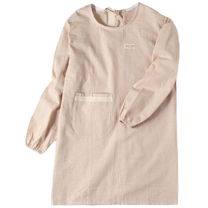 韩系文艺清新条纹薄透气棉布反穿衣家用厨房围裙防污家务长袖罩衣