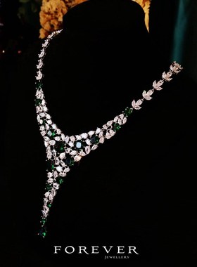 新款奢华新娘绿锆石项链耳环套装B晚宴会婚礼首饰结婚纱礼服配饰