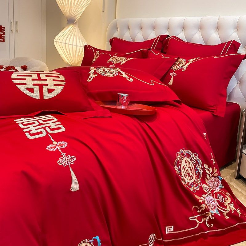 中式婚庆四件套大红色全棉刺绣喜庆床上用品婚房绣花喜被结婚,床上用品,婚庆床品套件,淘宝优惠券,粉丝福利购,淘宝优惠卷