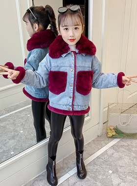 女童加绒a牛仔外套2022冬装新款洋气大童秋冬季儿童装加厚上衣韩