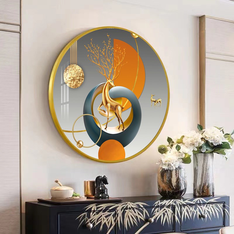 现代简约入户正对门玄关装饰画轻奢走廊尽头几何壁画圆形麋鹿挂画图片