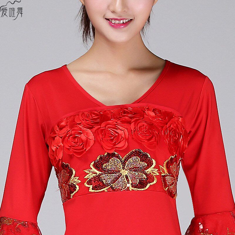 爱唯舞新款广场舞服装套装喇叭w袖玫瑰花女成人舞服舞蹈演出服110