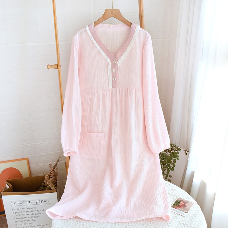 纯棉纱布长袖睡裙女睡衣夏季中长款连衣裙薄款夏天家居服纯色甜美