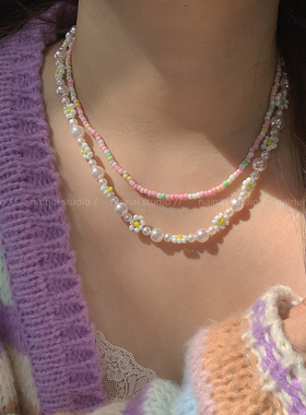 粉色串珠项链~甜美少女心花朵锁z骨链2023年春夏季新款超仙颈链潮