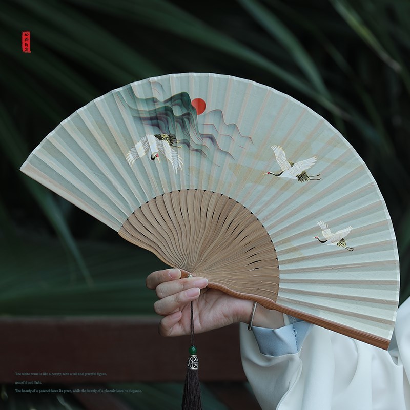 折扇古风扇子仙鹤竹扇夏季仙气汉服国风折叠便携全竹小扇子男女式图片