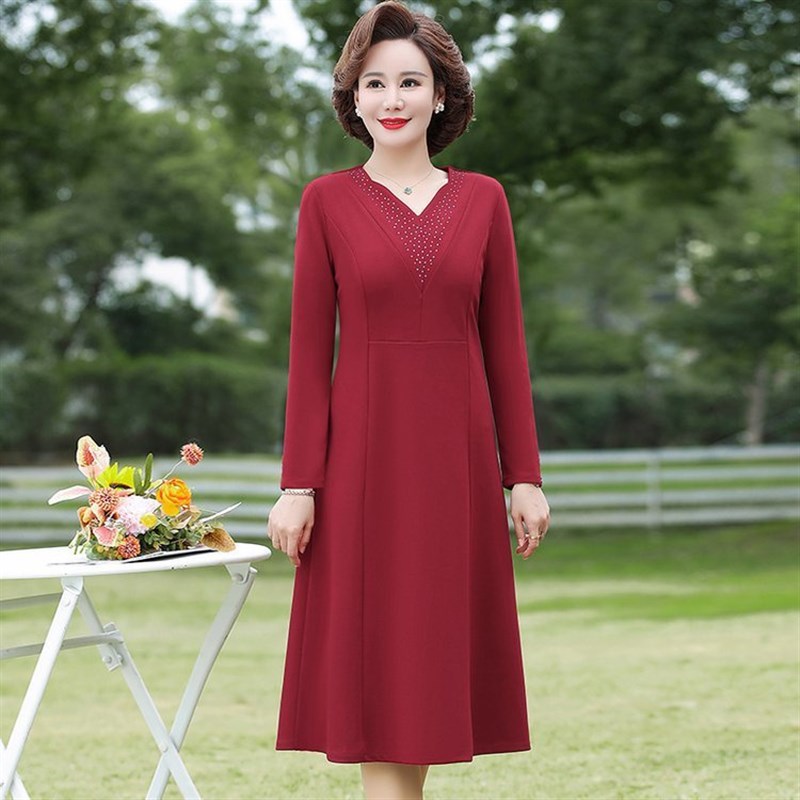 妈妈春装连衣裙新款喜婆婆婚宴礼服平时可穿中老年女长袖裙子春秋