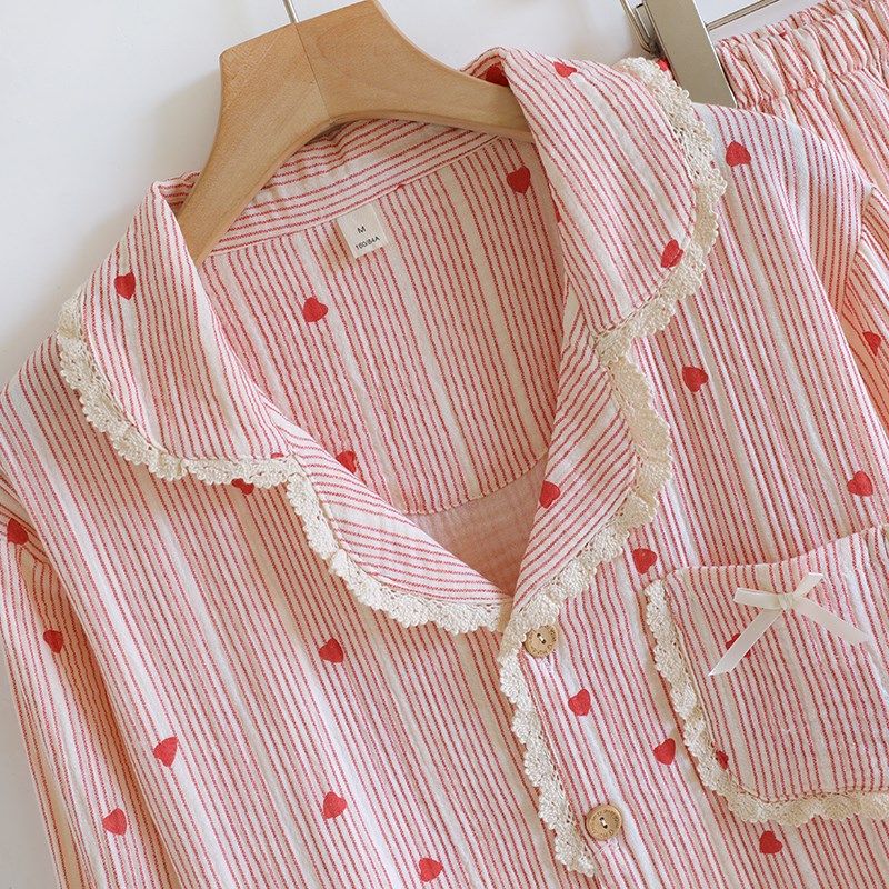 蕾丝花边粉色甜美睡衣女纱布春秋季长袖全棉少女家居服套装,女士内衣/男士内衣/家居服,睡衣/家居服套装,淘宝优惠券,粉丝福利购,淘宝优惠卷