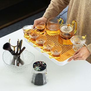 家用泡茶壶煮茶器耐高温功夫茶杯办公室小套茶盘 竖纹玻璃茶具套装