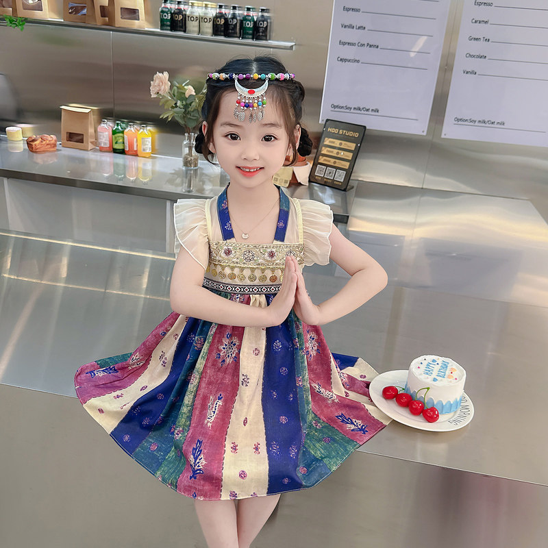 现货女童裙子夏季2023新款儿童少E数民族风飞袖连衣裙女宝宝夏装