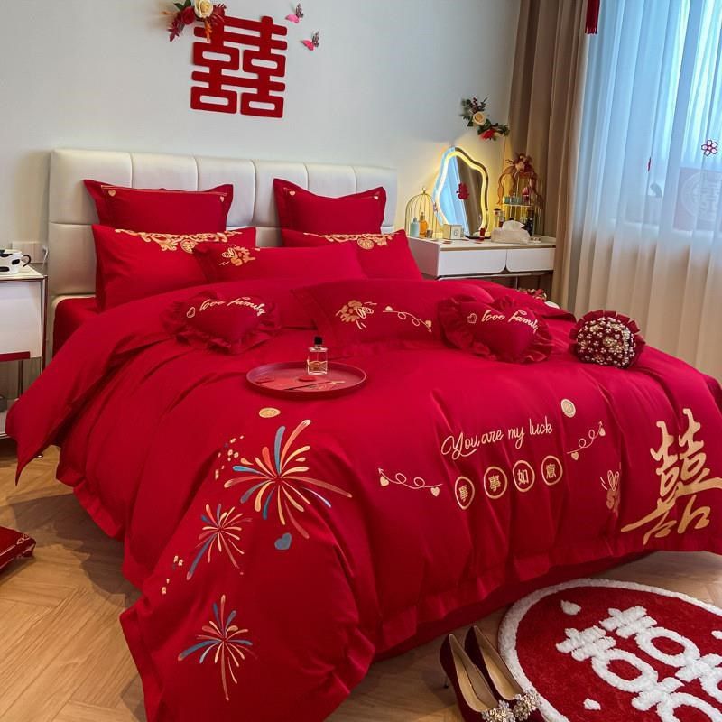 新婚床上四件套被套中式床单红色婚庆婚房喜被结婚四陪嫁婚庆陪嫁
