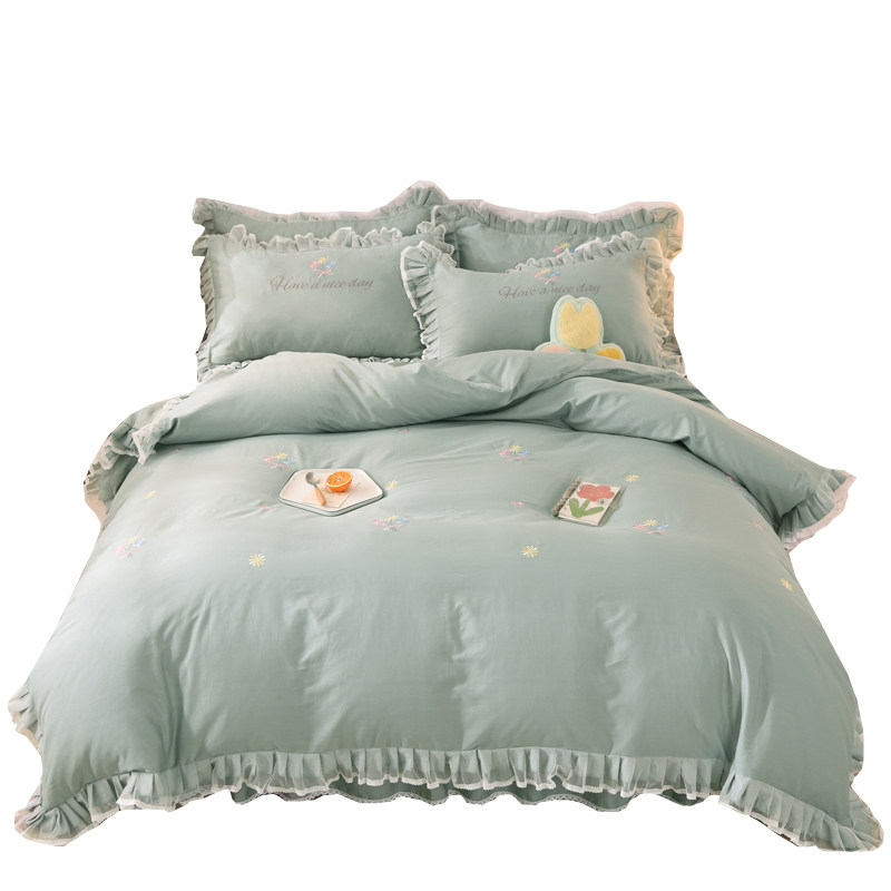 欧式全棉纯棉四件套床裙款刺绣荷叶边被套简约纯色公主风床上用品