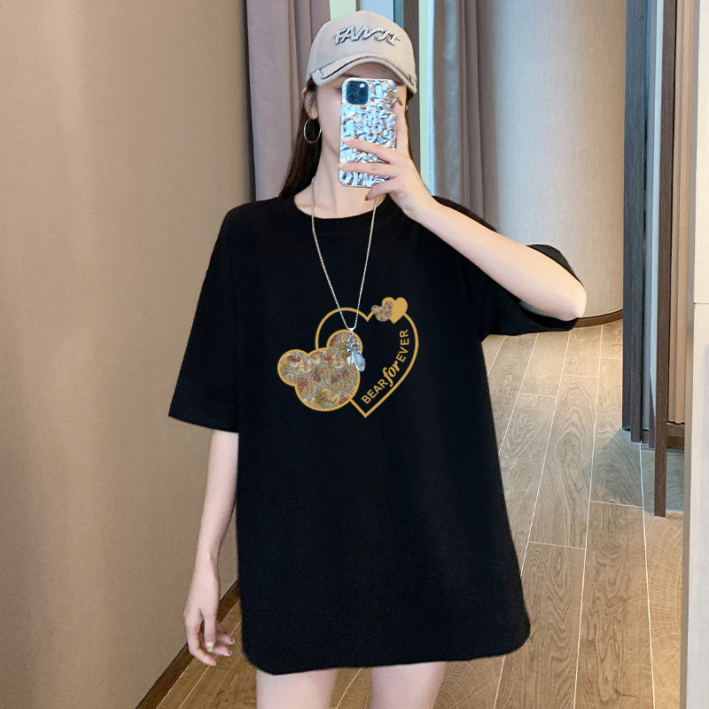 中长款黑色短袖t恤女2023夏季新款宽松大码半.袖体恤上衣