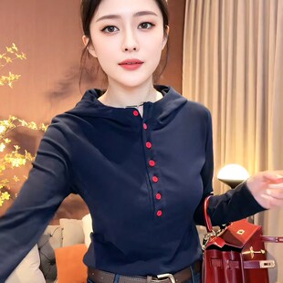 欧货早秋2024新款半开扣时尚连帽卫衣T恤女百搭修身长袖打底上衣