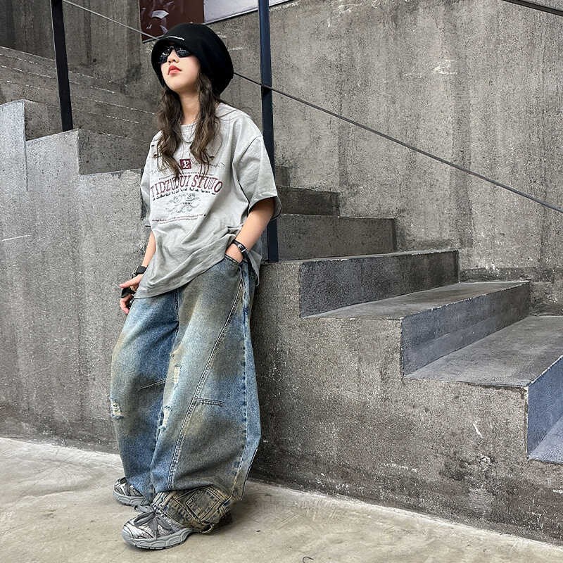 女童新款潮酷夏装儿童洋气晕染渐变短袖T恤时尚阔腿牛仔裤两件套