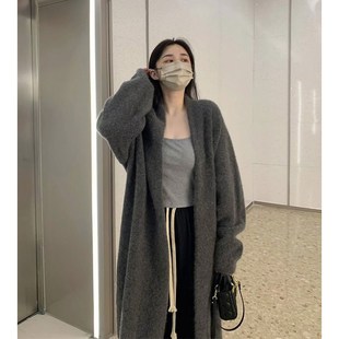 灰色中长款过膝毛衣外套女秋冬季宽松慵懒风针织开衫韩版外搭大衣