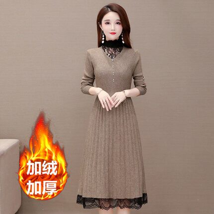 秋冬加绒加厚保暖配大衣百搭针织过膝毛衣裙女长款打X底蕾丝连衣