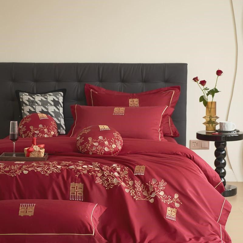 新款结婚四件套绣花新中式婚庆款全棉红色婚嫁床上用品六件套,床上用品,婚庆床品套件,淘宝优惠券,粉丝福利购,淘宝优惠卷