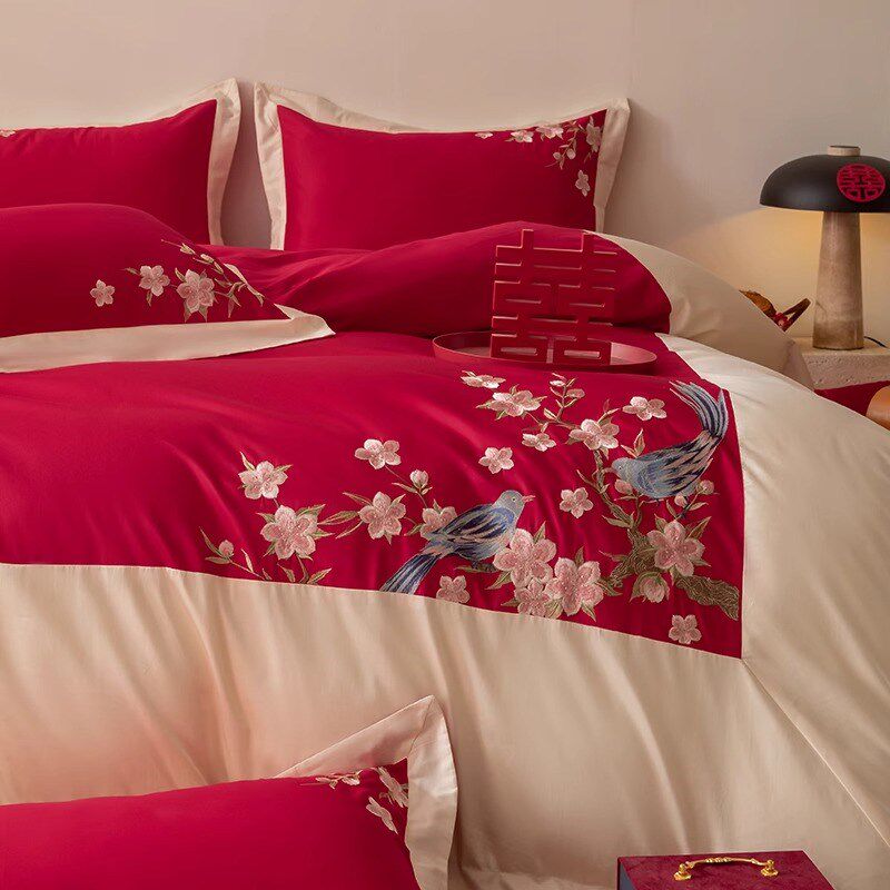 新中式刺绣水洗棉结婚四件套大红色新婚陪嫁被套婚庆床上用品婚房,床上用品,婚庆床品套件,淘宝优惠券,粉丝福利购,淘宝优惠卷