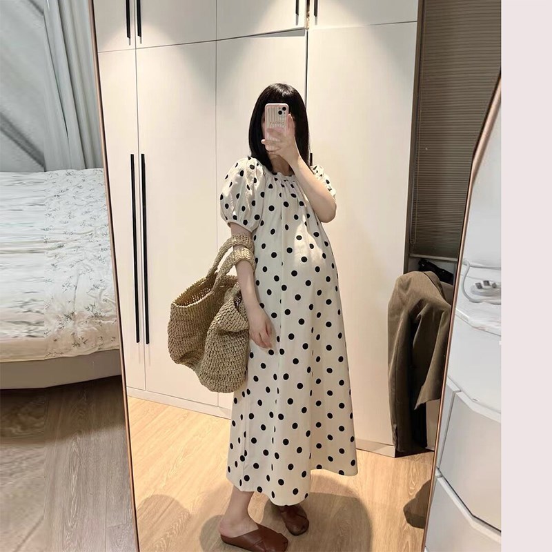 孕妇夏装连衣裙时尚洋气波点长裙女夏款2025新款方领大码孕妇裙子