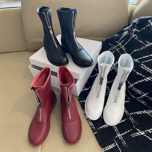 guidi靴女2024新款大码女靴41-43百搭白色前拉链短靴女网红瘦瘦靴