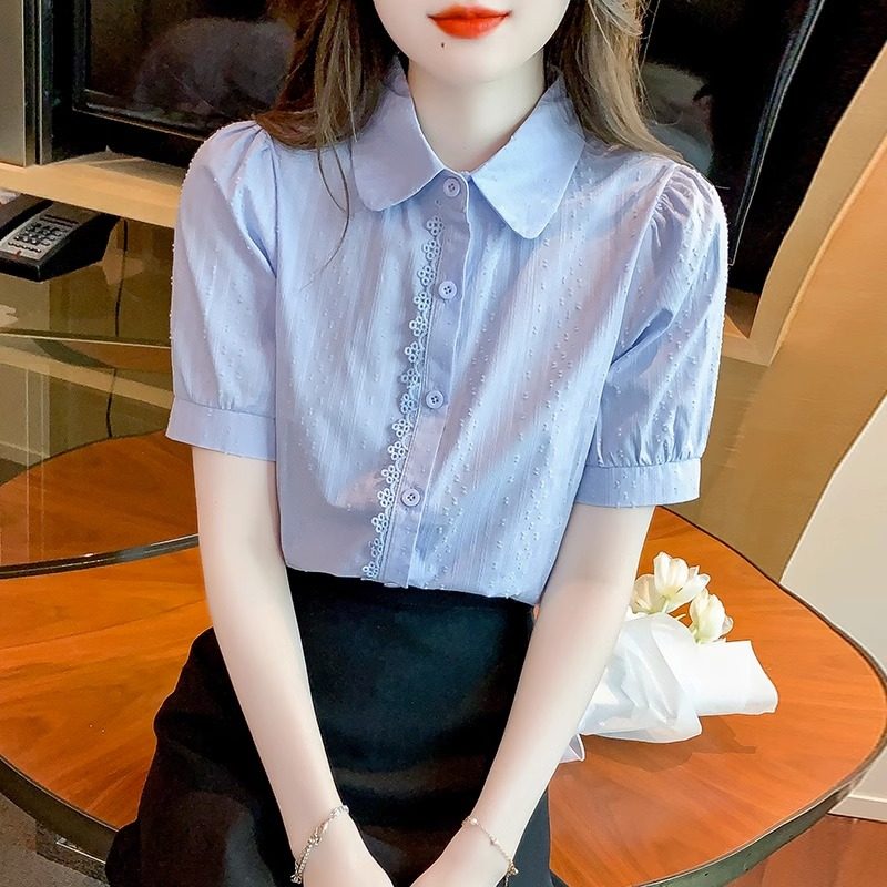 短袖衬衫女夏季2024新款洋气宽松气质显瘦设计感小众泡泡袖上衣潮