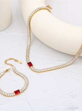 欧美彩色锆石项链手链套装锁骨钛钢18K金套装工V厂生产货源