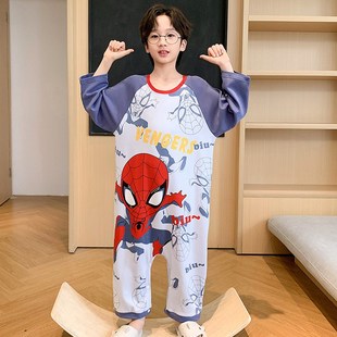 男童连体睡衣儿童连身家居服春秋男孩薄款卡通长袖防踢被睡袋