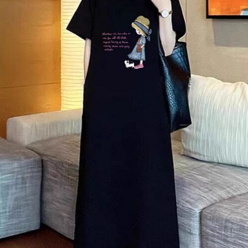 黑色T恤连衣裙女2024夏季新款宽松休闲印花懒人裙中长款直筒裙子