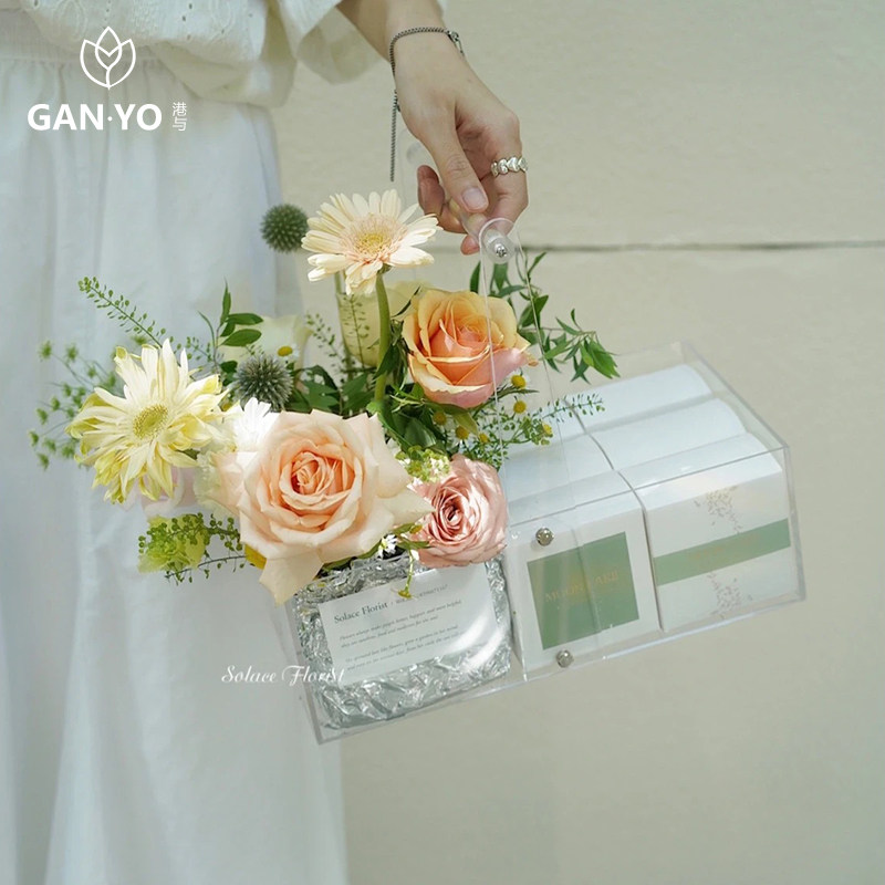 港与 亚克力手提盒透明创意收纳盒鲜花束包装盒花s艺花店插花盒di