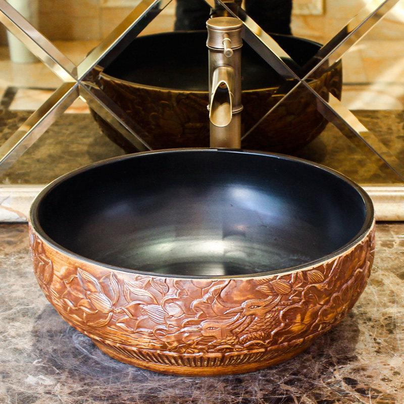 陶瓷艺术盆卫生间台上盆单盆圆形洗脸盆复古洗手盆v家用台面盆鑫