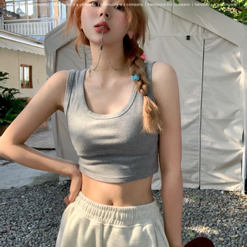 工厂销夏季2024年新款运动短款外E穿灰色吊带背心女无袖露脐内搭