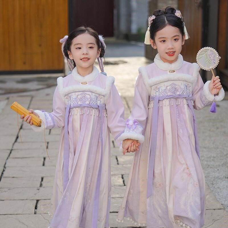 汉服女童冬季2024新款古风高端儿童唐装拜年服国风加绒加厚连衣裙